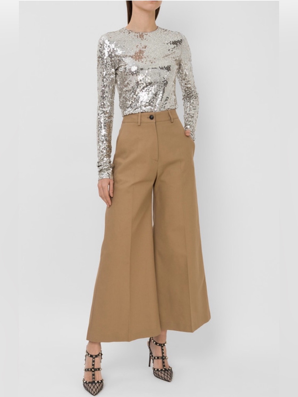 Valentino Wide-Leg High-Rise Cropped Pants, size 46